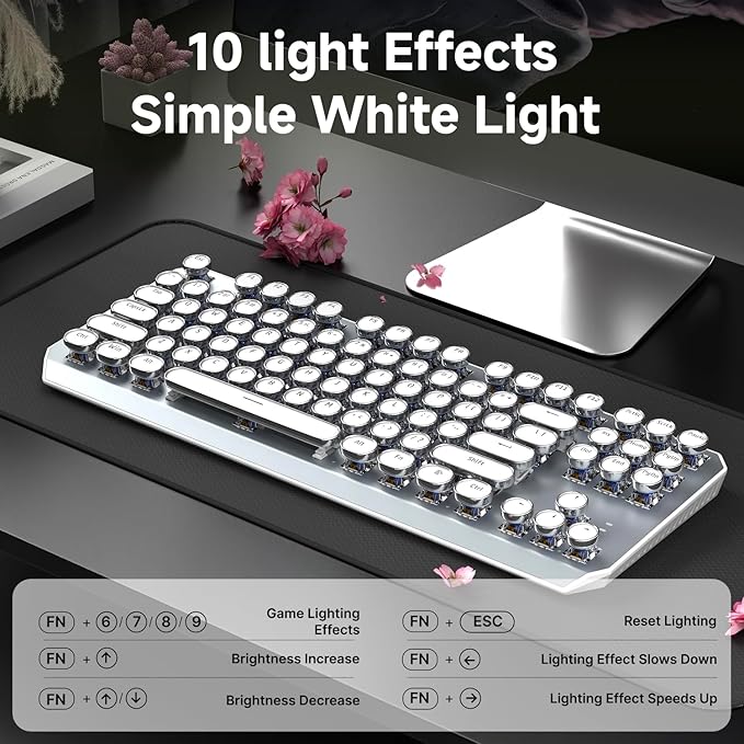 EWEADN Wireless Mechanical Typewriter Keyboard,80% Layout with White Backlit, Anti-Ghosting, Blue Switch Bluetooth/2.4GHz/USB-C Aesthetic Keyboard-White