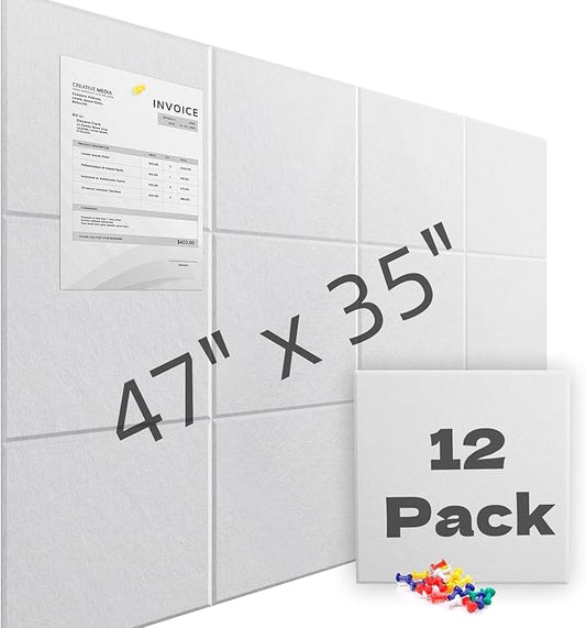Large Cork Board for Walls 47" x 35" 12 Pack Black Bulletin Boards Felt Wall Tiles with Safe Removable Adhesive Corkboards for Office Home,White
