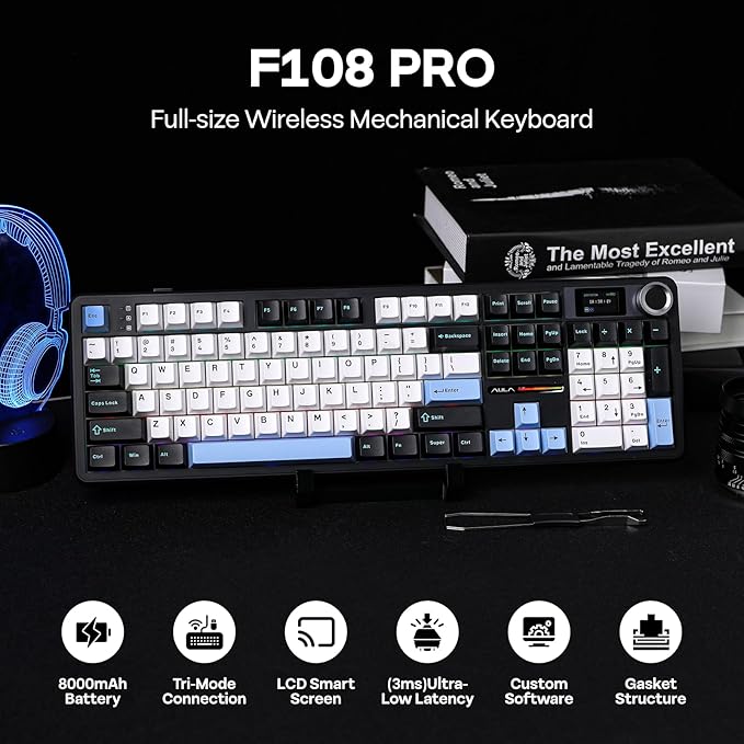 EPOMAKER X Aula F108 PRO Wireless Gaming Keyboard with Screen, 8000mAh Battery, 104 Hot-Swappable and Programmable Keys and Knob, RGB Backlight, for Mac/PC/Android (Blue&White&Black)