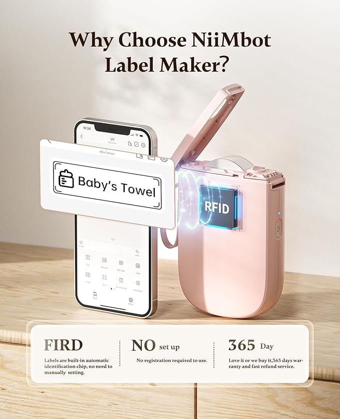 NIIMBOT Label Maker Bluetooth Mini Label Printer D11 2024 Version, Portable Label Maker with Tape Thermal Sticker Small Labeler, 300 DPI High Clearity Rechargeable, Pink