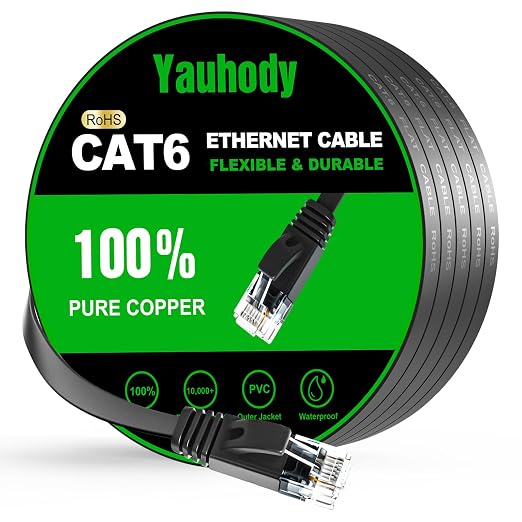 Yauhody CAT 6 Ethernet Cable 25ft Black, High Speed Solid Flat CAT6 Gigabit by Yauhody