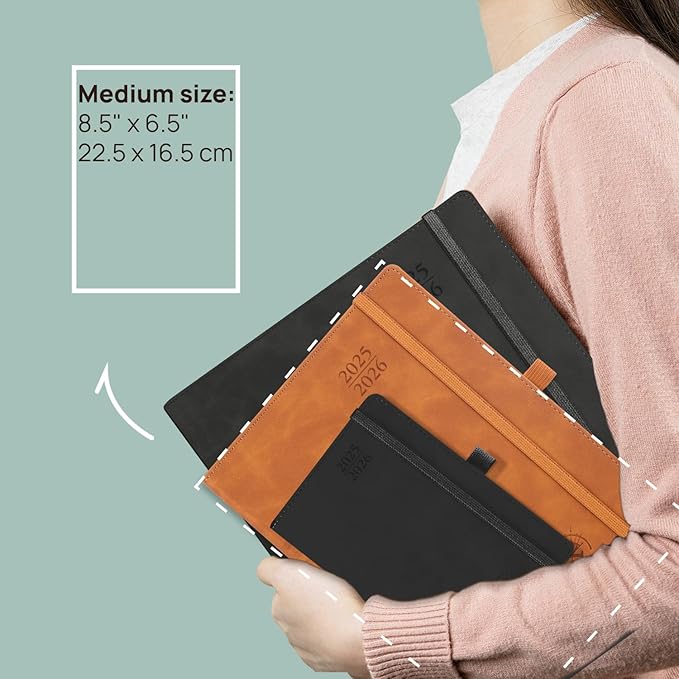 POPRUN Planner 2025-2026 Weekly Notebook (Medium 6.5''x 8.5'') Academic Calendar (JUL.25 - JUN.26) Appointment Book with Monthly Tabs, Leather Soft Cover, Inner Pocket, 100 GSM - Lilac