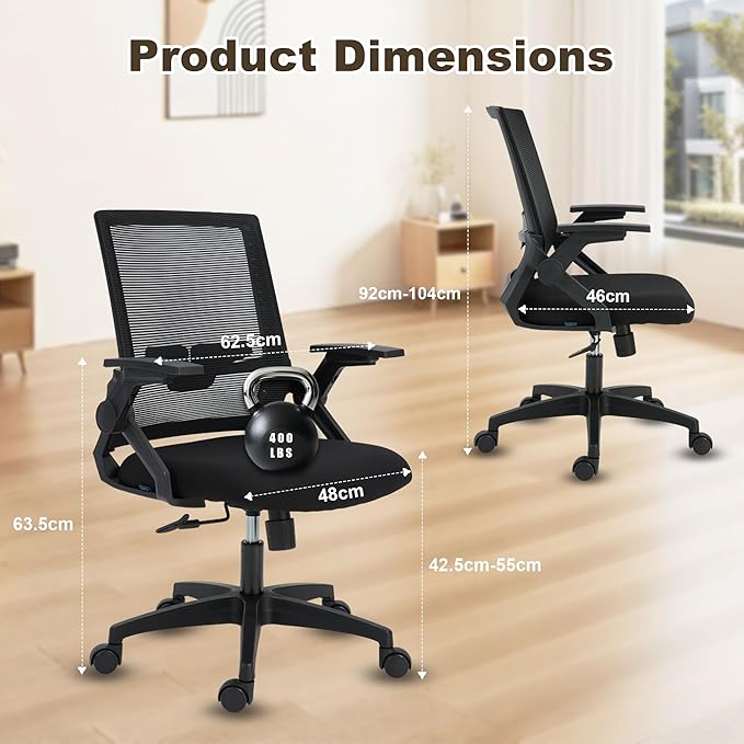 Ergonomic Office Chair Desk Chair with Adjustable Height Mesh Computer Chair Swivel Chair with Flip-up Arms and Lumbar Support Black