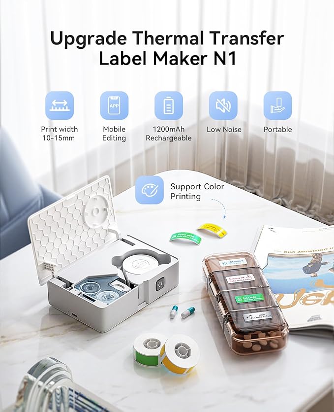 NIIMBOT N1 Label Maker with Tape, Portable Bluetooth Label Printer Support Color Printing, Mini Sticker Labeler Rechargeable for Home Office Small Business Outdoor Storage, White