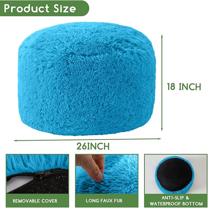 HIGOGOGO Round Stuffed Pouf Ottoman, Long Faux Fur Poufs with Foam Chunk Filling, Fluffy and Furry Pouf Foot Stool Storage Ottoman, 26 X 18 Floor Poufs Foot Rest for Living Room, Blue