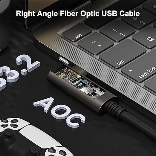GeoHN.G USB C to C Fiber Optic Extension Cable 10M/33FT, Right Angle USB 3.2 10Gbps Long Distance Active Optical USB C Cable for VR/AR, Quest2, Webcam, Camera, Mini PC and More