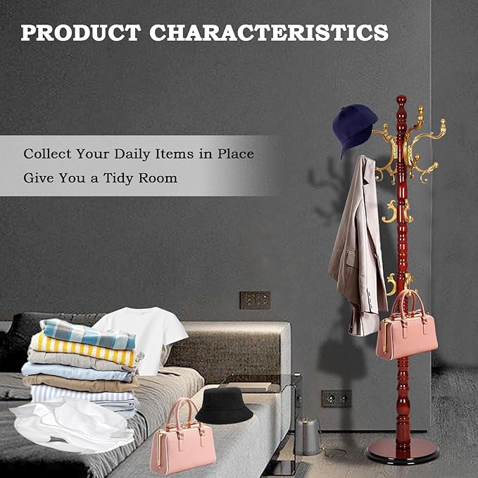 Coat Racks Free Standing with 14 Hooks, Natural Wood Coat Rack with Solid Round Base, Adjustable Height Coat Racks, Easy Assembly for Hallway, Bedroom and Office (Begonia color)