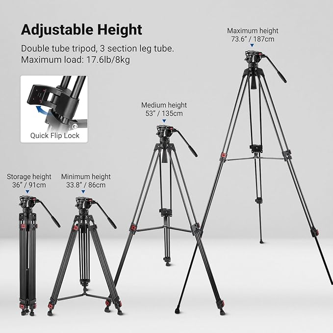 NEEWER 74" Video Tripod with Fluid Head, QR Plate, Aluminum Heavy Duty Camera - Image 2