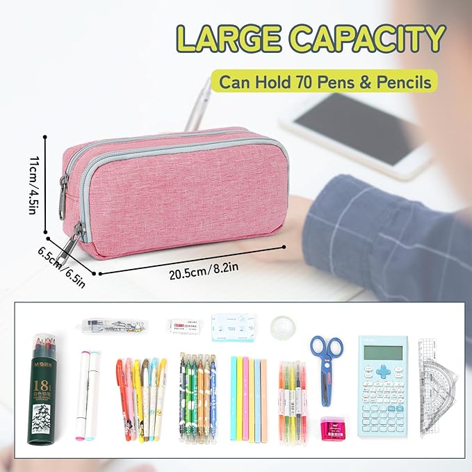 Della Gao Big Capacity Pencil Pen Case Nylon Large Pencil Pouch Simple Stationery Bag Office Organizer Pen Bag for Men Women - Pink