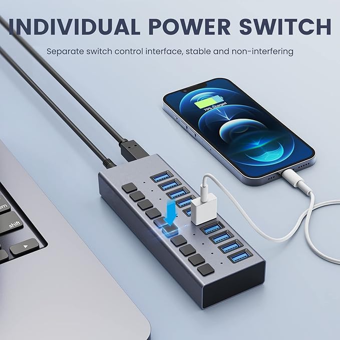 48W Powered USB Hub - ACASIS 10 Ports USB 3.0 Data Hub, Individual On/Off Switches, 12V/4A Power Adapter, Aluminum Housing, USB Splitter for PC, Computer, Mobile HDD, Flash Drive