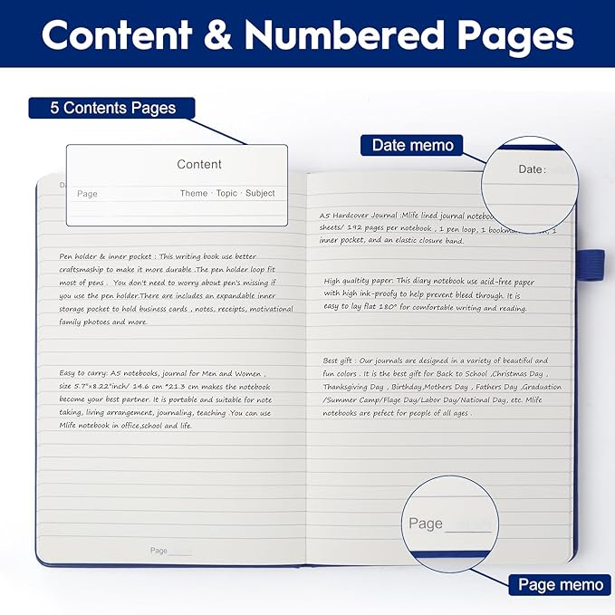 A5 Lined Journal Notebooks for Work, 192 Pages, Medium 5.7 x 8.3inch, College Ruled, Vegan Leather Hardcover Journals for Women Men,1 Pack