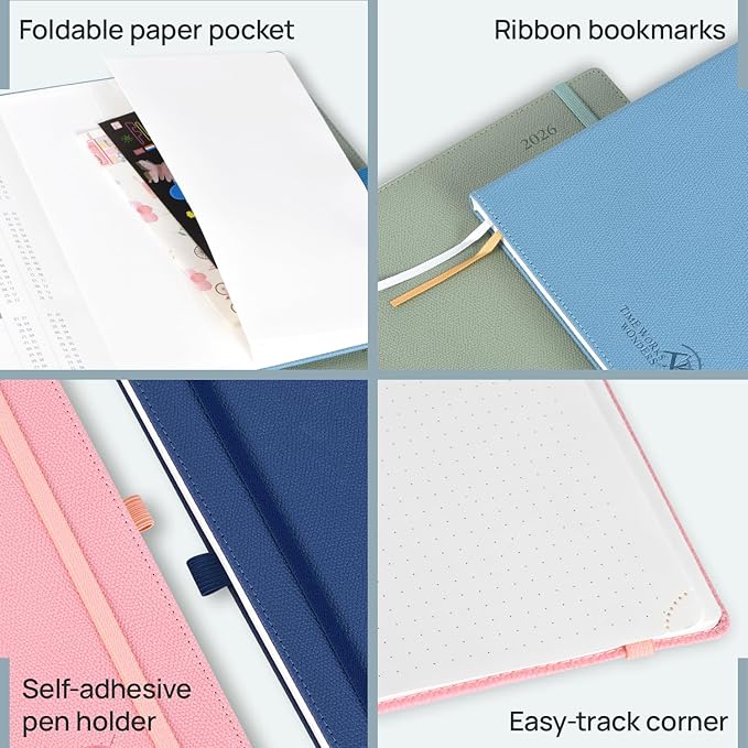 POPRUN Weekly Planner 2026 Calendar (Pocket 4'' x 6.25'') 12 Months Notebook with Horizontal Layout, Leather Hardcover, Inner Pocket, 100GSM Thick Paper, Pen Holder TJ - Black