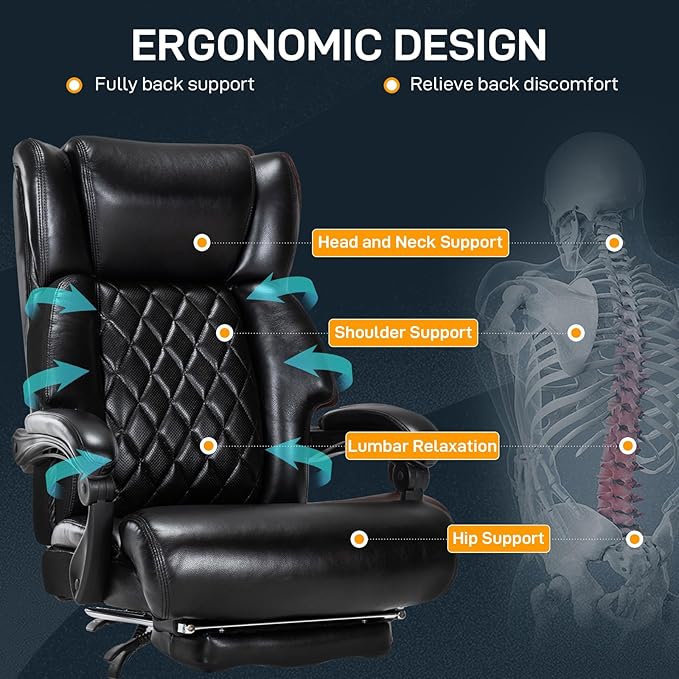 500 LBS Big and Tall Office Chair with Foot Rest High Back Recline Ergonomic Chair for Heavy People, Executive Office Chair Comfortable for Home Office, Large Computer Desk Chair Black