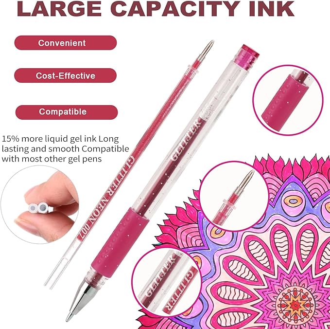 Glitter Gel Pens for Coloring Book,72 Color Gel Pens Set including 36 Color Gel Pen with 36 Refills,40% More Ink Colored Gel Pens for Drawing, Doodling, Scrapbook, Journaling