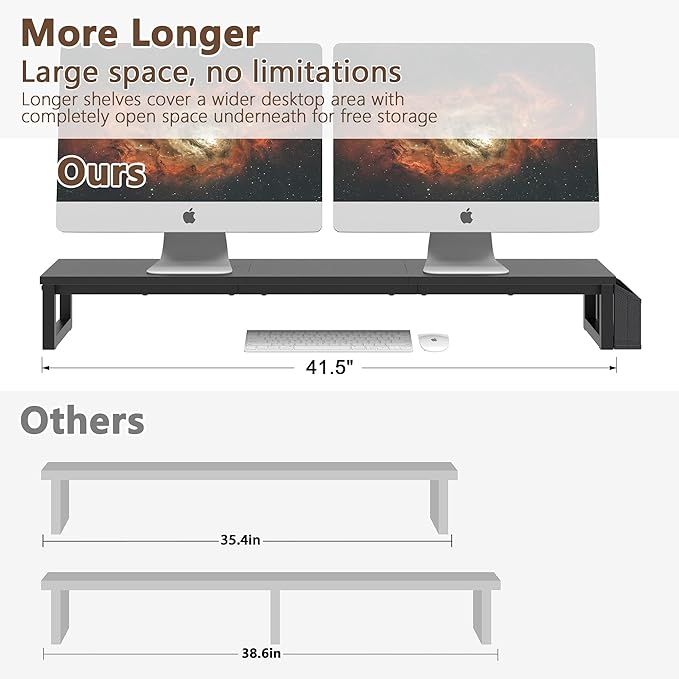 LAND·VOI Dual Monitor Stand Riser,41.5'' Long Monitor Stand for 2 Monitors, Wood and Steel Computer Monitor Stand, Desktop Oraganizer with Pen Holder, Monitor Riser for Desk Computer,Laptop,TV, Black