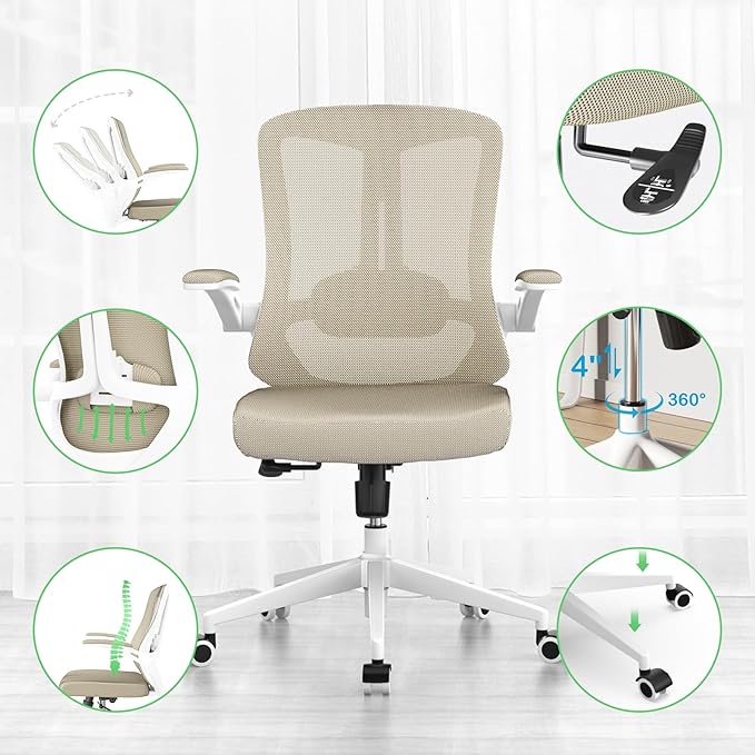 Office Chair, Ergonomic High Back Comfy Desk Chairs and Flip-up Armrest Lumbar, Swivel Tilt Function Backrest Computer Chair,PU Rolling Wheels Capacity 350LBS (Khaki)