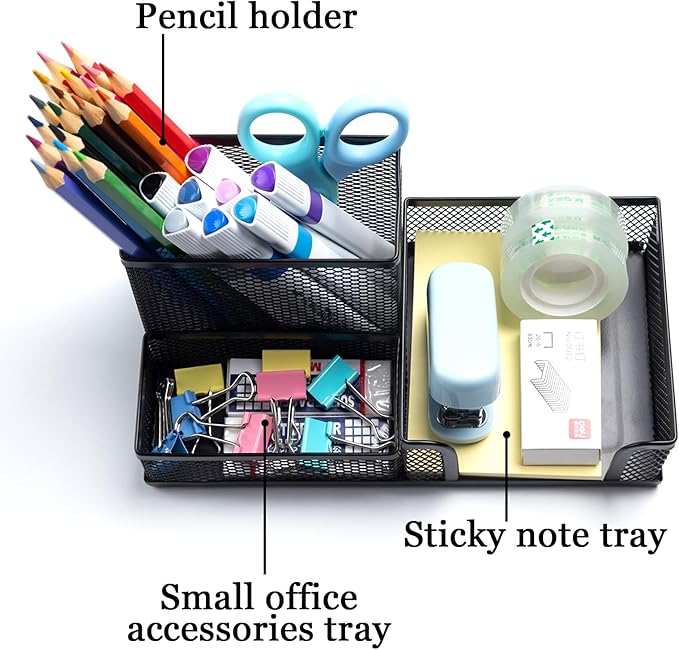 4 Pieces Mesh Pen Holder Desk Organizers and Accessories for Deskop Organizer,3 Compartments Black Pencil Holder for Office Supplies,Gifts for Colleague