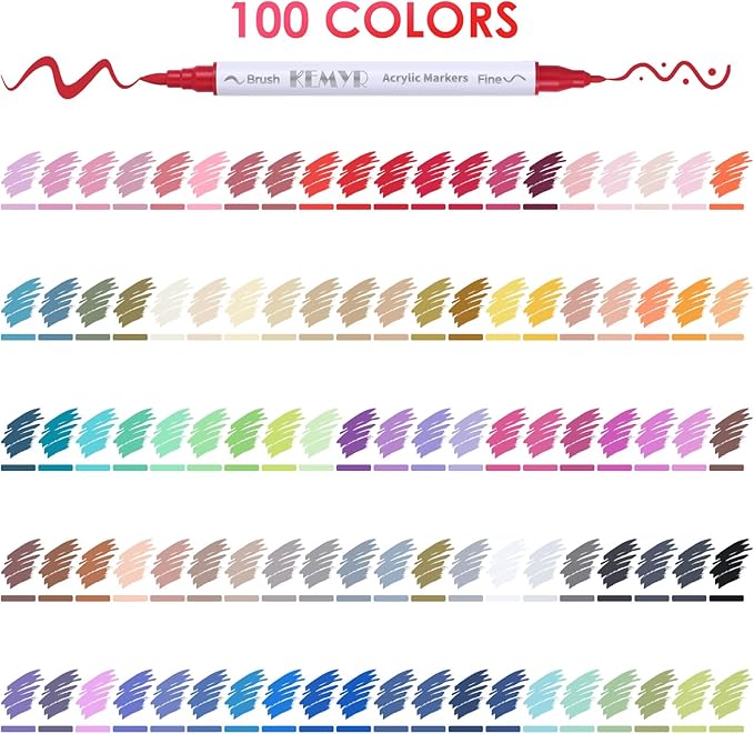 100 Colors Brush & Fine Tip Acrylic Paint Pens, Dual Tip Acrylic Paint Markers for Paper, Wood, Canvas, Stone, Rock, Glass, Fabric, DIY, Ceramic, Art Supplies for Kids and Adults Drawing