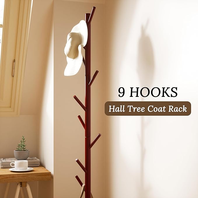 Wooden Coat Rack Freestanding Coat Tree with 4 Height Options and 9 Hooks, Sturdy Coat Rack Stand for Clothes/Bags/Hats, Easy Assemble Save Space for Entryway,Bedroom,Office,Narrow Place (Brown)