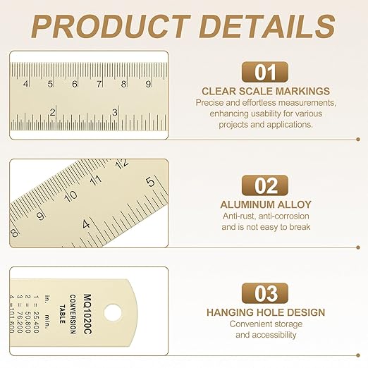 HARFINGTON 2pcs Metal Straight Ruler 15cm Metric SAE Aluminum Alloy Measuring Rulers Scale Tool with Hole for Measure Study Reading Classroom Office, White