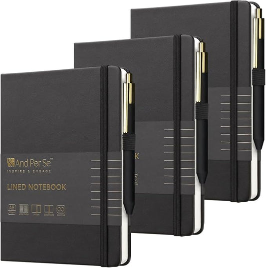 A5 Lined Leather Journal and Pen Set (3 packs), Hardcover Notebook with Pen, 160 Pages 100gsm Thick Ruled Paper for Men Women, for Work, Business, School or Home Writing, 5.7'' x 8'' (Black)