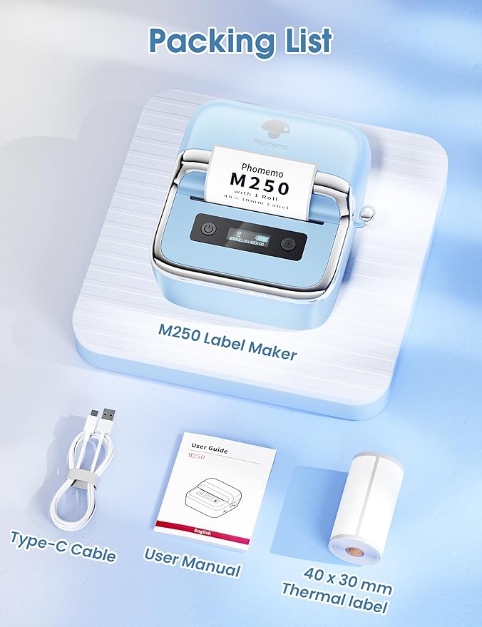 Phomemo M250 Label Maker, 3" Thermal Barcode & Address Printer - Portable Label Maker for Business, Home & Logos, Sticker Printer Compatible with Phones & PCs, with 100 Labels, 40x30mm