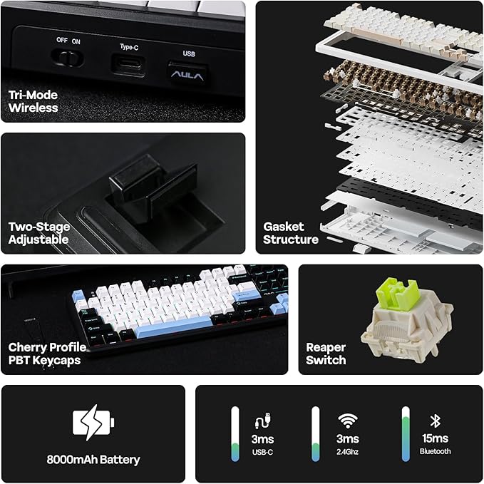 EPOMAKER X Aula F108 PRO Wireless Gaming Keyboard with Screen, 8000mAh Battery, 104 Hot-Swappable and Programmable Keys and Knob, RGB Backlight, for Mac/PC/Android (Blue&White&Black)