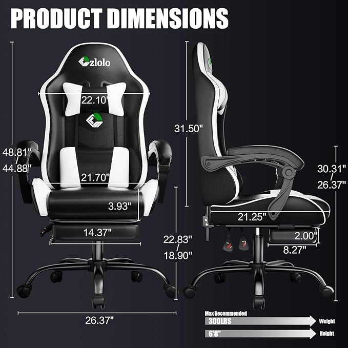 Gaming Chair, Ergonomic Office Computer Chair with Footrest and Lumbar Support Massager Racing Style High Back Video Gamer Chair, Wide＆Thick Cushion, 90°-135° Recline, Adjustable Height, White