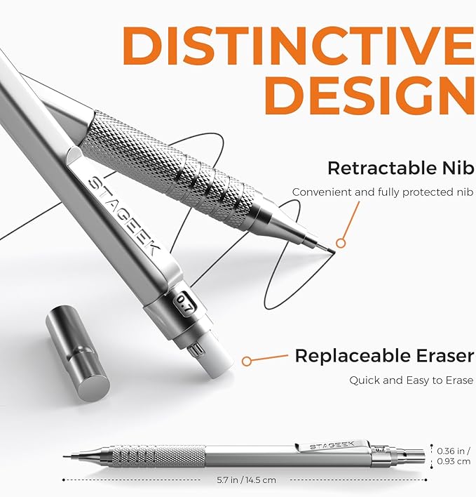 21PCS Metal Mechanical Pencil Set, Art Lead Pencil 0.3, 0.5, 0.7, 0.9, 2mm Holder(HB 2H 2B 4B Color) with 10 Tubes Graphite Lead Refills Eraser with Case for Drafting Drawing Sketching