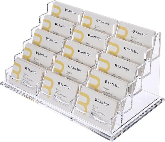 SANRUI Acrylic Multiple Business Card Holder Display for Desk , 15 Slots Business Card Stand , Clear Horizontal 5 Tier Business Card Holders, Holds 750-900 Cards