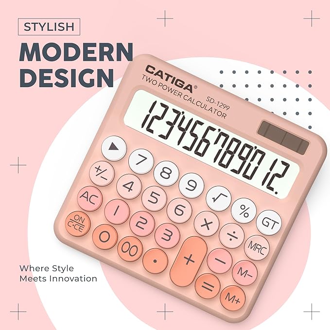 CATIGA Mechanical Switch Calculator with Solar and Battery Dual Power, 12-Digit Large LCD Display, Aesthetic and Cute Desktop Calculator with Big Button, for Home, School and Office Use, SD-1299