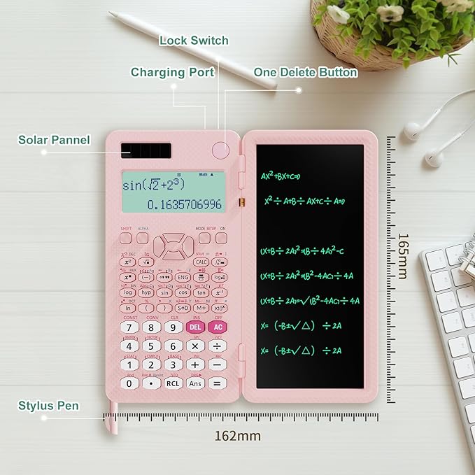 Rechargeable ROATEE 991ES MAX Scientific Calculators, CalcNote Multiview 4-Line Display with LCD Writing Tablet Notepad, Foldable Portable for Business High School College Students and Teacher(Pink)