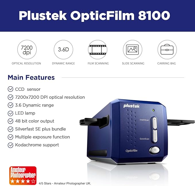 Plustek OpticFilm 8100-35mm Negative Film/Slide Scanner with 7200 DPI and 48-bit Output. Bundle Silverfast SE Plus 9, Support Mac and Windows