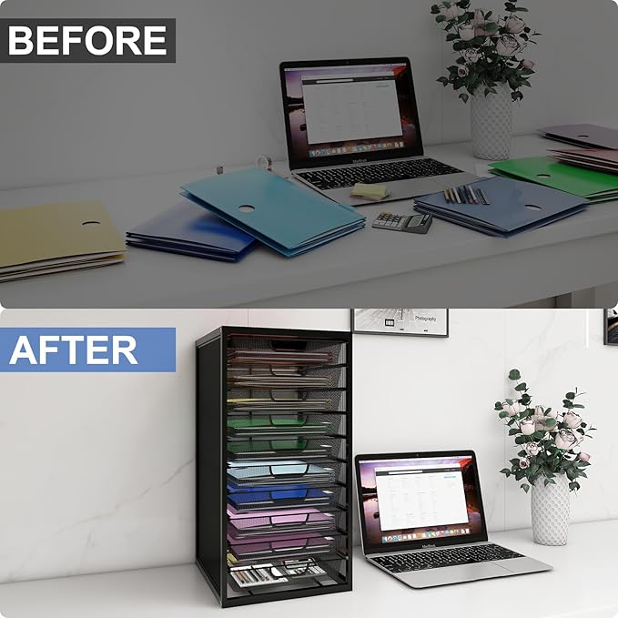 Natwind Mesh file organizer 10 drawers, Office Supplies Desktop Organizers and Accessories Stationery Storage, Paper Letter Tray, File Binder Organizer for Home Office School,Black