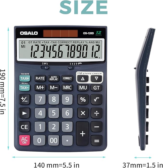 OSALO 12 Digits Desktop Calculator Extra Large LCD Display with VAT Tax Big Button, Dual Solar Power and Battery, Basic Calculator for Office, Home, School (DJ-120D Deep Blue)