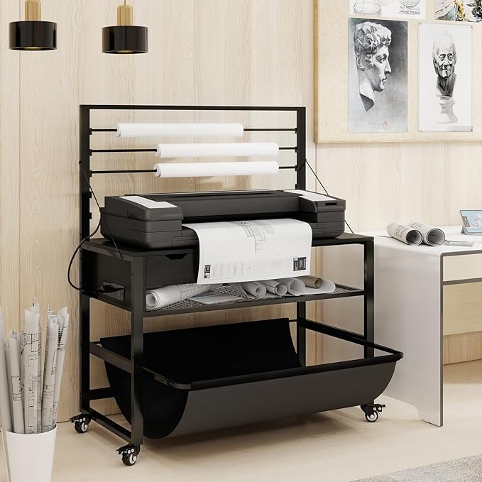 Natwind Wide Format Printer Stand, Plotter Workbench Table with Pull-Out Drafting Storage, Roll Paper Holder, Accessory Drawer, Adjustable Storage Shelf for Plotters and Cutting Machines (Black)