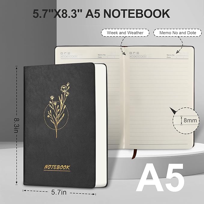 Aesthetic Lined Journal Notebook for Women,300 Pages Softcover Leather Lined Journal Notebook,300 Pages Daily Journal, College Ruled Notebook for Work School, Note Taking 5.75''X8.38'' Black