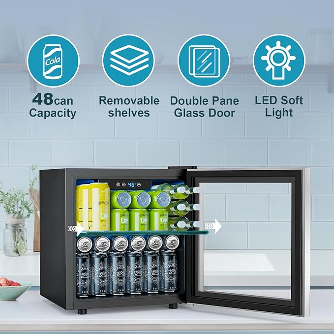 48 Can Beverage Refrigerator,12 Bottle Wine Cooler with Stainless Steel Glass Door, Digital Temperature Display, Countertop Mini Fridge for Soda, Wine or Beer, Silver