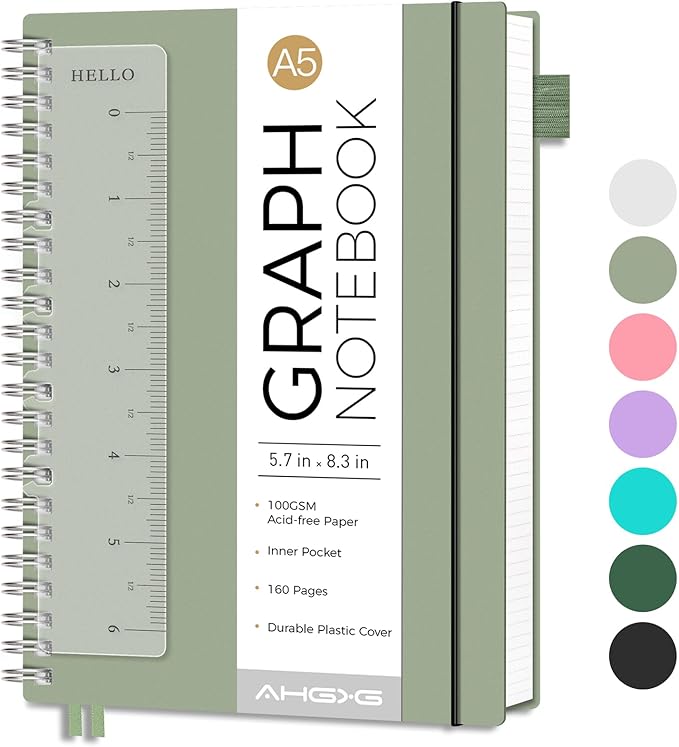 AHGXG Graph Paper Notebook - Spiral Notebook Journal 160 Pages, A5 Graph Notebook 5.7" x 8.3", 100 gsm Thick Grid Paper, Waterproof Plastic Cover, for School Writing Engineering Math, Sage Green