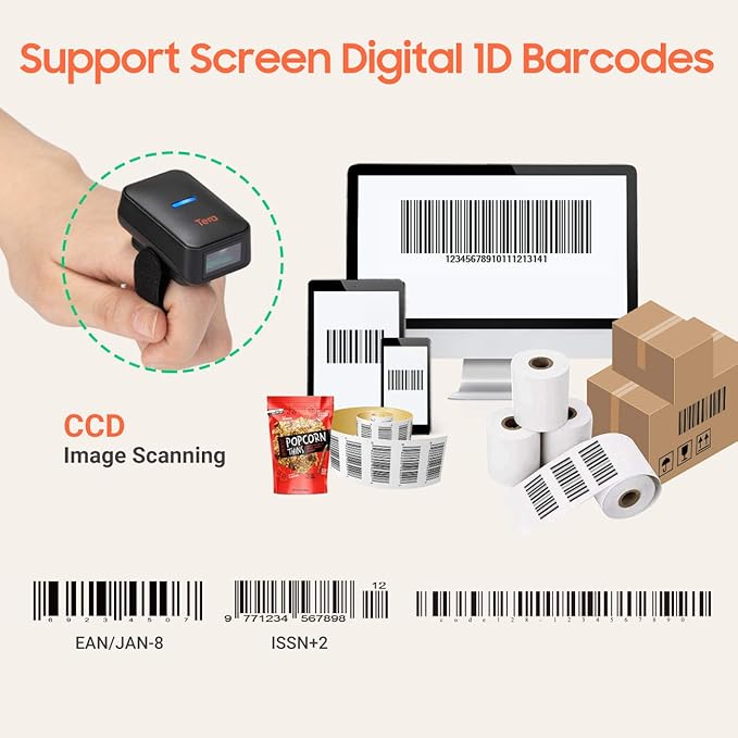 Tera 1D Wireless Barcode Scanner Compatible with Bluetooth, Printed Digital Barcode Reader Scanner Mini Wearable for Windows, Mac OS, Android with Vibration Alert Model HW0011