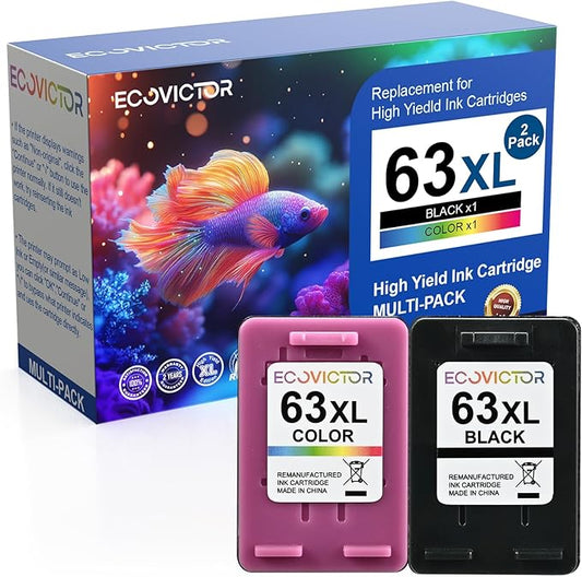 Eco-Friendly Remanufactured Ink Cartridge Replacement for HP 63 63XL HP63 Black and Color Combo 2 Pack for 3830 4650 4652 4655 4520 4512 5255 5258 5252 5200 3833 3630 3632 2132 2130 Printer