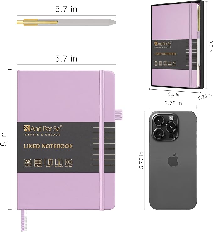 A5 Lined Leather Journal and Pen Set for Women&Men, Gift Box Included, Hardcover Notebook with 160 Pages 100GSM Thick Paper, for Work, Business, School or Home Writing(Purple)