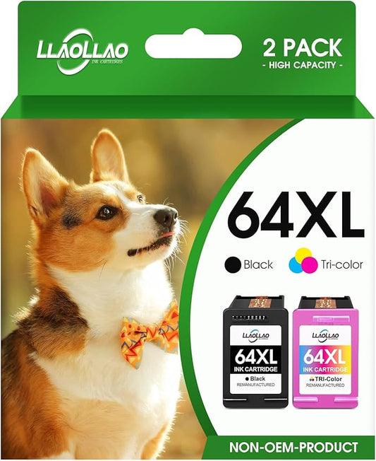 LLAOLLAO Remanufactured HP Ink 64 Replacement for HP 64XL Ink Cartridge Combo Pack Works with Envy Photo 7855 7858 7100 7155 Inspire 7255e 7200e 7900e 7958e Tango Printer (Black and Color)