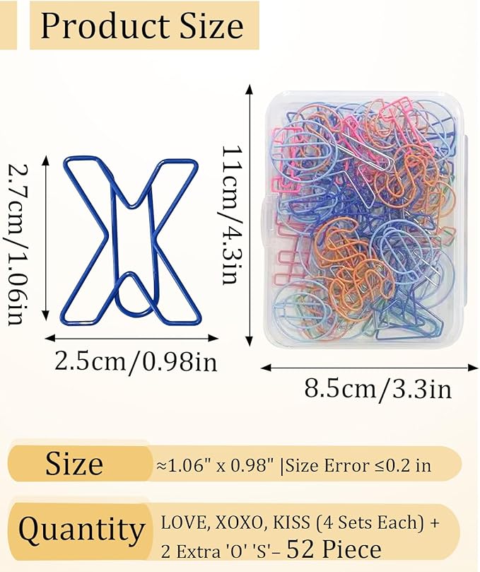 52 Pcs Stainless Steel Paper Clips - Alphabet Letter Clips for Office & School with Storage Box Assorted Color (Love Series)