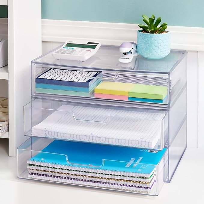 STORi STAX Plastic Stackable Organizer Drawers (Set of 2) Clear | 12.5" Wide | Set Includes Two Open Drawer | Organize Office Desk Accessories & Sort Paper | Made in USA