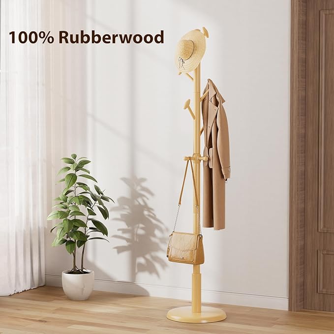 Solid Wood Coat Rack Freestanding Coat Tree with 10 Hooks for Bedroom, Livingroom, Entryway, Sturdy Coat Hanger Stand for Hats, Coats, Scarves, Handbags, Purses