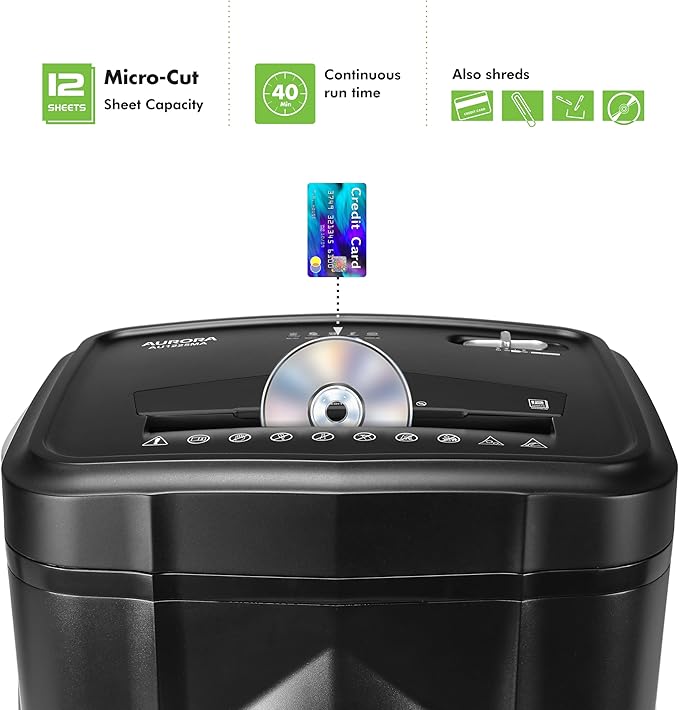 Aurora AU1225MA High-Security 12-Sheet Micro-Cut Paper and CD/Credit Card Shredder/ 5-Gallon Pullout Basket/40 Minutes Run Time