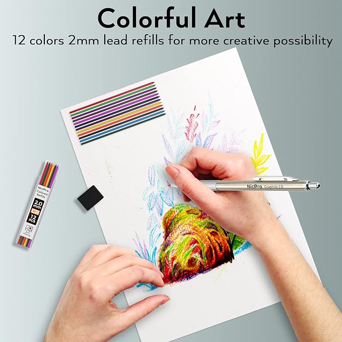 Nicpro 33PCS Metal Mechanical Pencil Set in Leather Case, Art Drafting Pencil 0.3, 0.5, 0.7, 0.9 mm, 2mm Lead Pencil Holders for Sketching Drawing With 18 Tube (6B 4B 2B HB 2H 4H Colors) Lead Refills