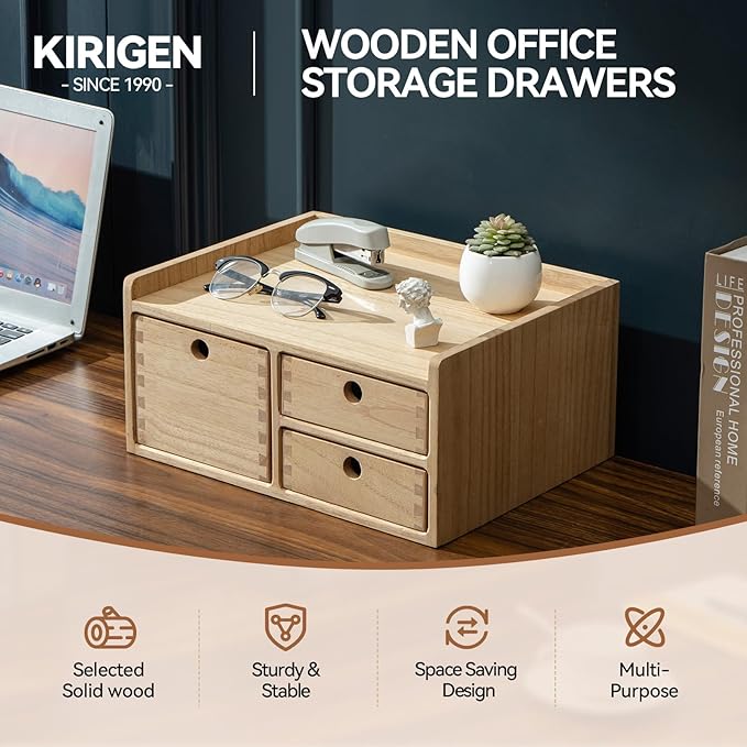 KIRIGEN Desk Organizer with 3 Drawers - Wood Drawer Storage Box with Trays for Tabletop - Workspace Office Toiletries Supplies Tool Caddy - Wooden Storage Cabinet Natural（DT1D3C-NA）