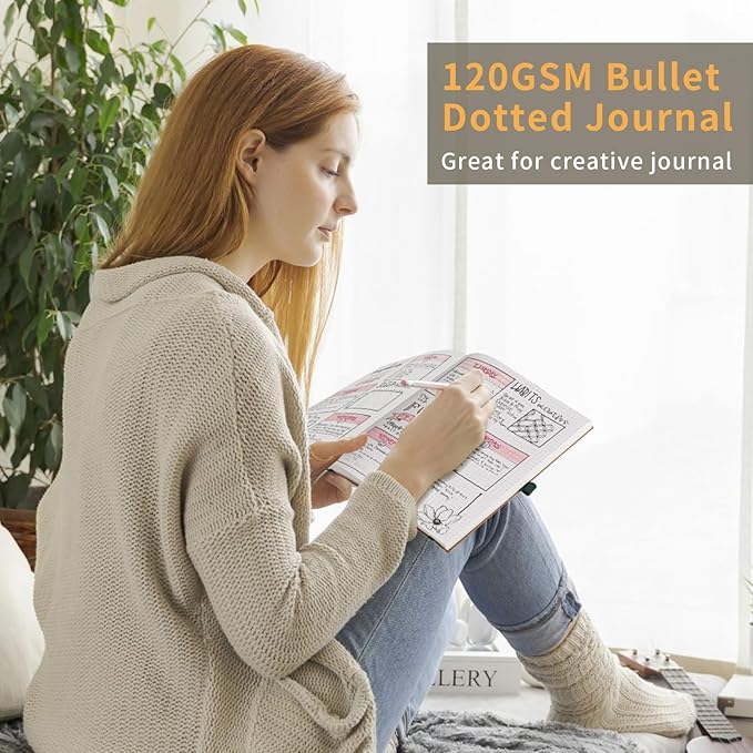 AHGXG Bullet Dotted Journal - Dot Grid Notebook Journal, 120 GSM Thick Acid-Free Paper, Large B5 Dotted Notebook 96 Pages, Leather Softcover, Inner Pocket, Journal Stencil, 7.6'' X 10'' - Black